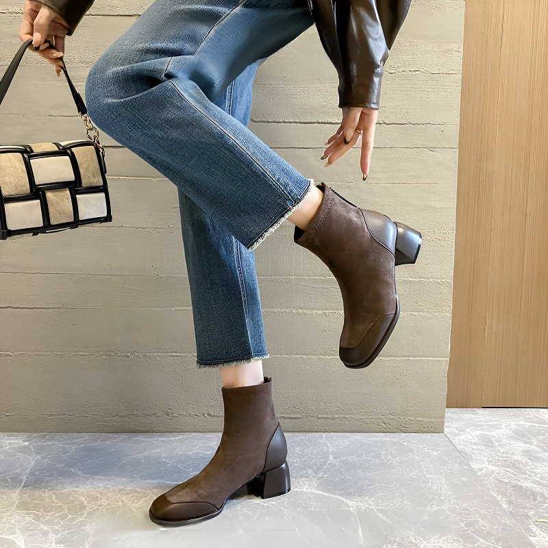 異素材MIX チャンキーヒール美脚ショートブーツ