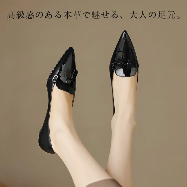 KENPOGEN リボンモチーフローファー 牛革 手作り ポインテッドトゥ エナメル 4.5cmUP 柔らかい