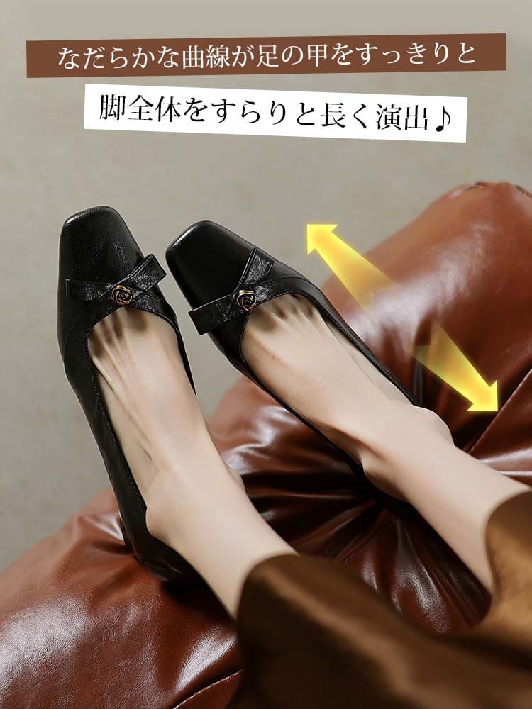 KENPOGEN 羊革パンプス スクエアトゥシューズ 5.5cmUP リボン チャンキーヒール 履きやすい 通勤