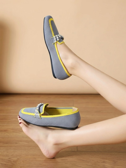 KENPOGEN ニットローファー スクエアトゥ パール飾り フラットシューズ 歩きやすい 滑りにくい 全6色展開 カジュアル オフィス