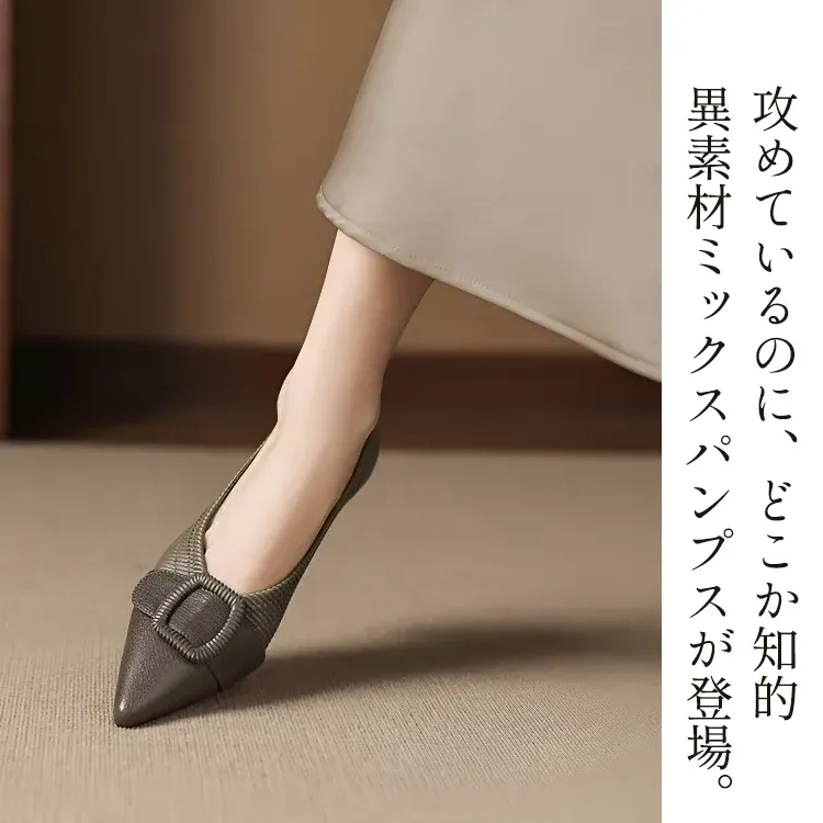 KENPOGEN バックルモチーフパンプス 羊革 手作り 4cmUP ポインテッドトゥシューズ 柔らかい 歩きやすい