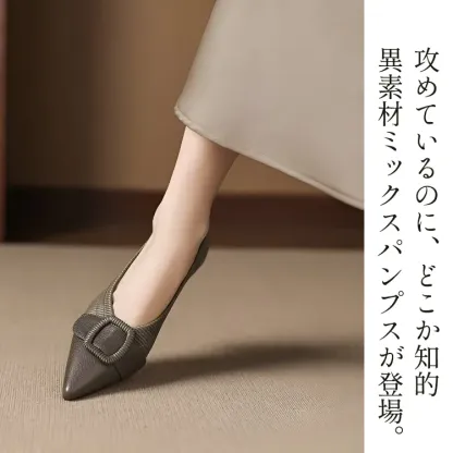 KENPOGEN バックルモチーフパンプス 羊革 手作り 4cmUP ポインテッドトゥシューズ 柔らかい 歩きやすい
