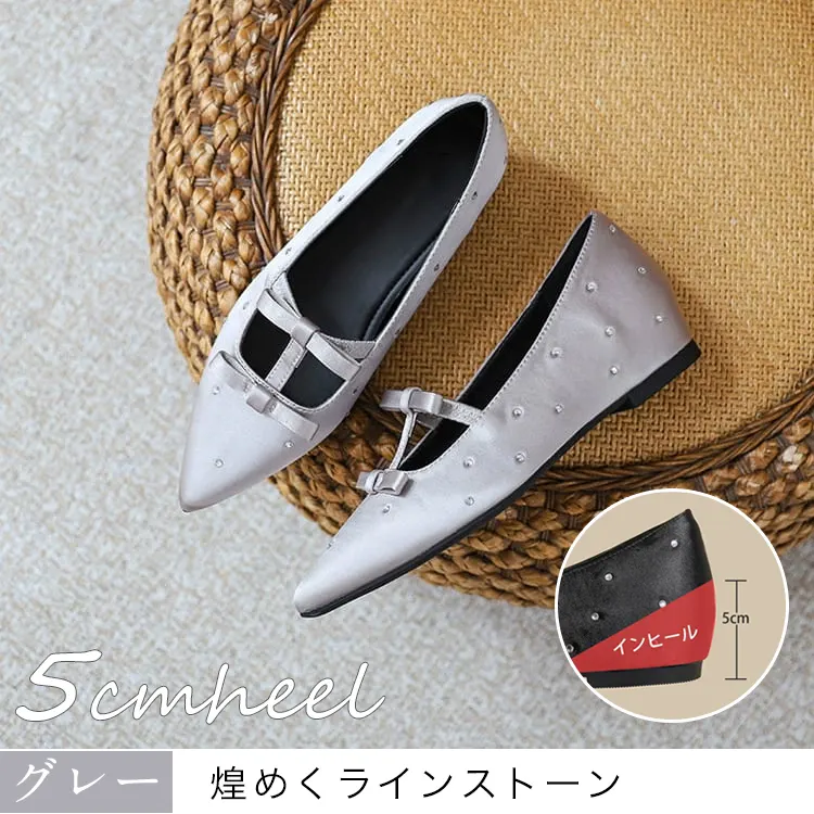 KENPOGEN ポインテッドトゥ パンプス Tストラップ シューズ インヒール5cm/7cmUP ダブルリボン 疲れない 歩きやすい