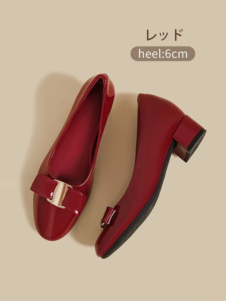 KENPOGEN インヒールパンプス リボンパンプス 5cmUP エナメル ラウンドトゥ 履きやすい かわいい