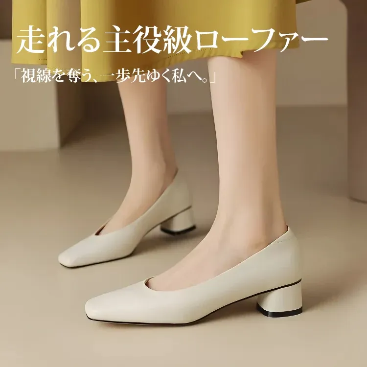 KENPOGEN スクエアトゥパンプス 牛革 手作り 3.5cmUP チャンキーヒール 歩きやすい 通勤 オフィス