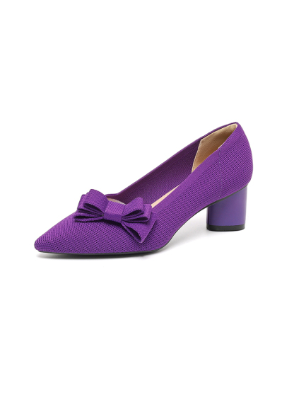 KENPOGEN ニットパンプス ポインテッドトゥ リボン 5cmUP チャンキーヒール 痛くない 通勤 立ち仕事