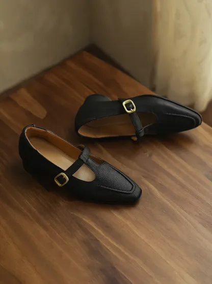 KENPOGEN 羊革 Tストラップシューズ スクエアトゥ 3cmUP  ハンドメイド 疲れにくい