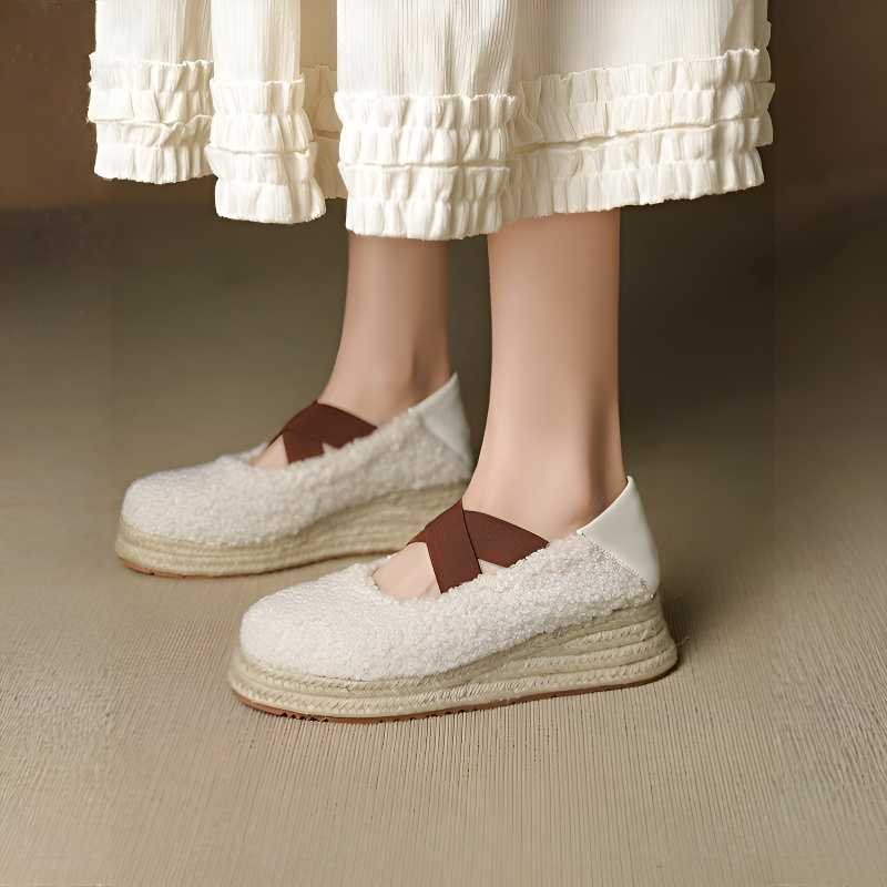 ボア風ストラップ付き 厚底美脚エスパドリーユ