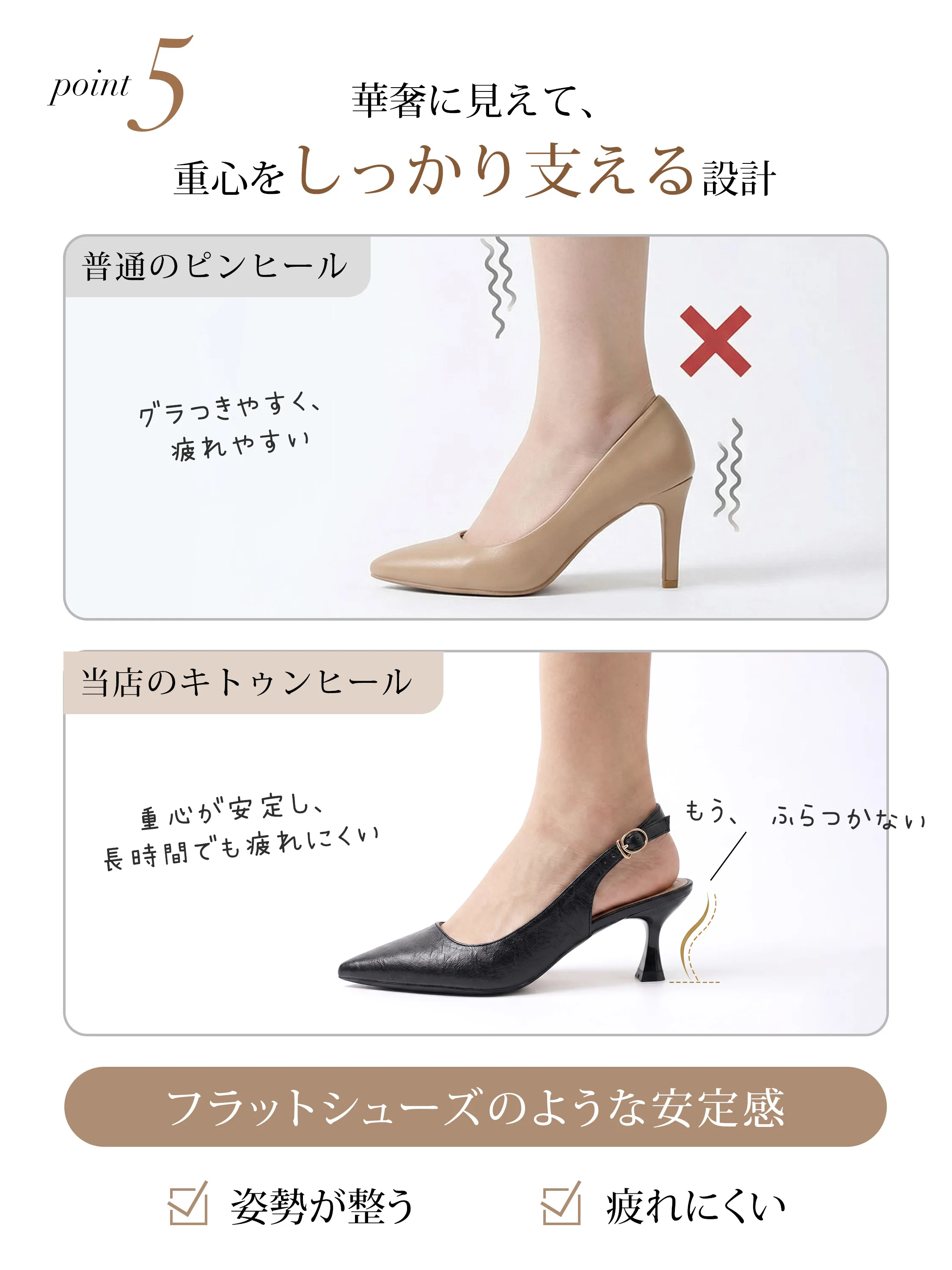 安定感のあるキトゥンヒール比較画像 レディース スリングバックパンプス ブラック ふらつきにくい 疲れにくい 美脚ヒールパンプス