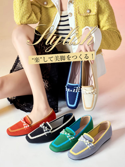 KENPOGEN ニットローファー スクエアトゥ パール飾り フラットシューズ 歩きやすい 滑りにくい 全6色展開 カジュアル オフィス