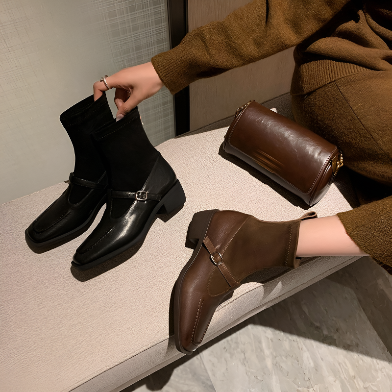 ベルトデザイン 異素材コンビ スクエアトゥショートブーツ