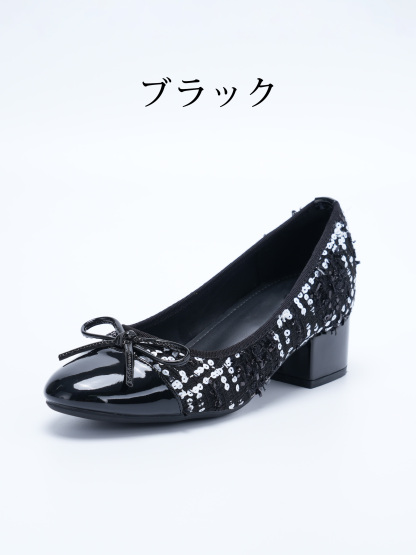 インヒール内蔵 異素材MIXリボンパンプス