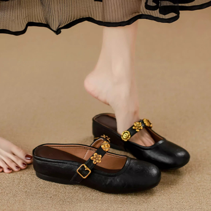 KENPOGEN インヒールミュール 5cmUP ベルト付き 花飾り 安定感 美脚 歩きやすい