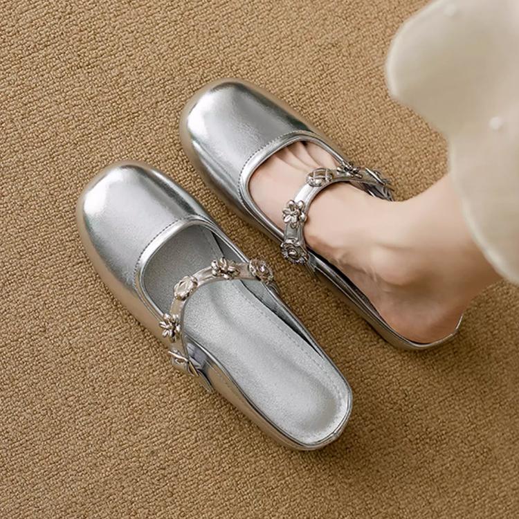 KENPOGEN インヒールミュール 5cmUP ベルト付き 花飾り 安定感 美脚 歩きやすい