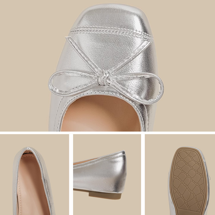 リボン付き　スクエアトゥインヒールパンプス
通勤オフィス　シルバー