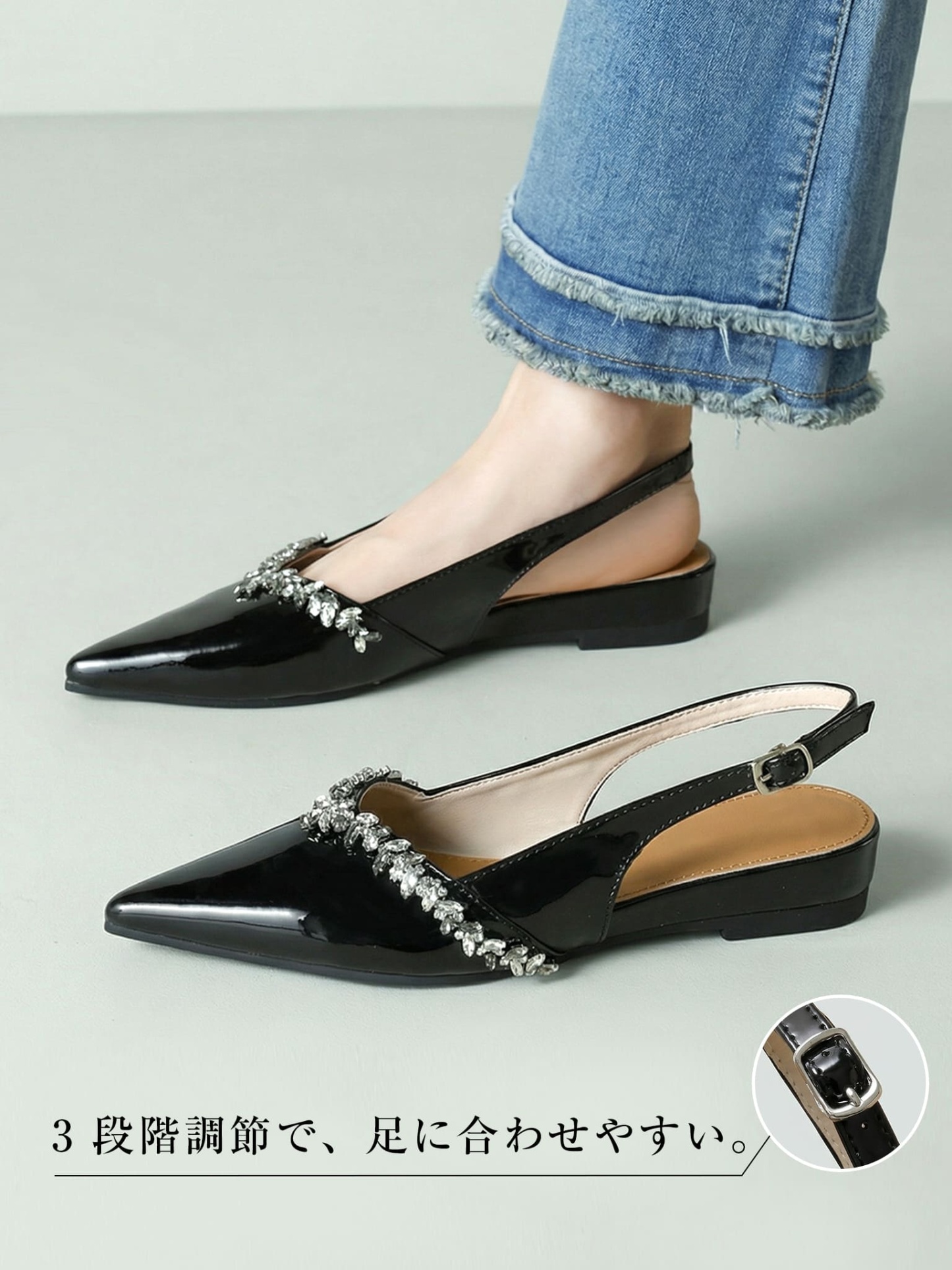 KENPOGEN バッグストラップミュール フラットシューズ 3cmUP ポインテッドトゥ ビジュー 痛くない