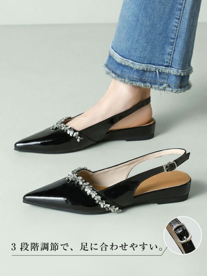 KENPOGEN バッグストラップミュール フラットシューズ 3cmUP ポインテッドトゥ ビジュー 痛くない