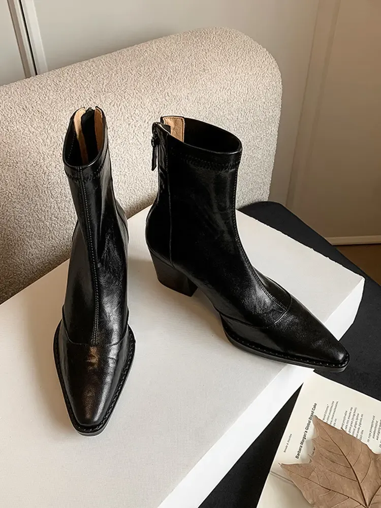 KENPOGEN ストレッチブーツ 羊革 6.5cmUP ポインテッドトゥ バックファスナー付き 伸縮性 柔らかい 美脚 細見え