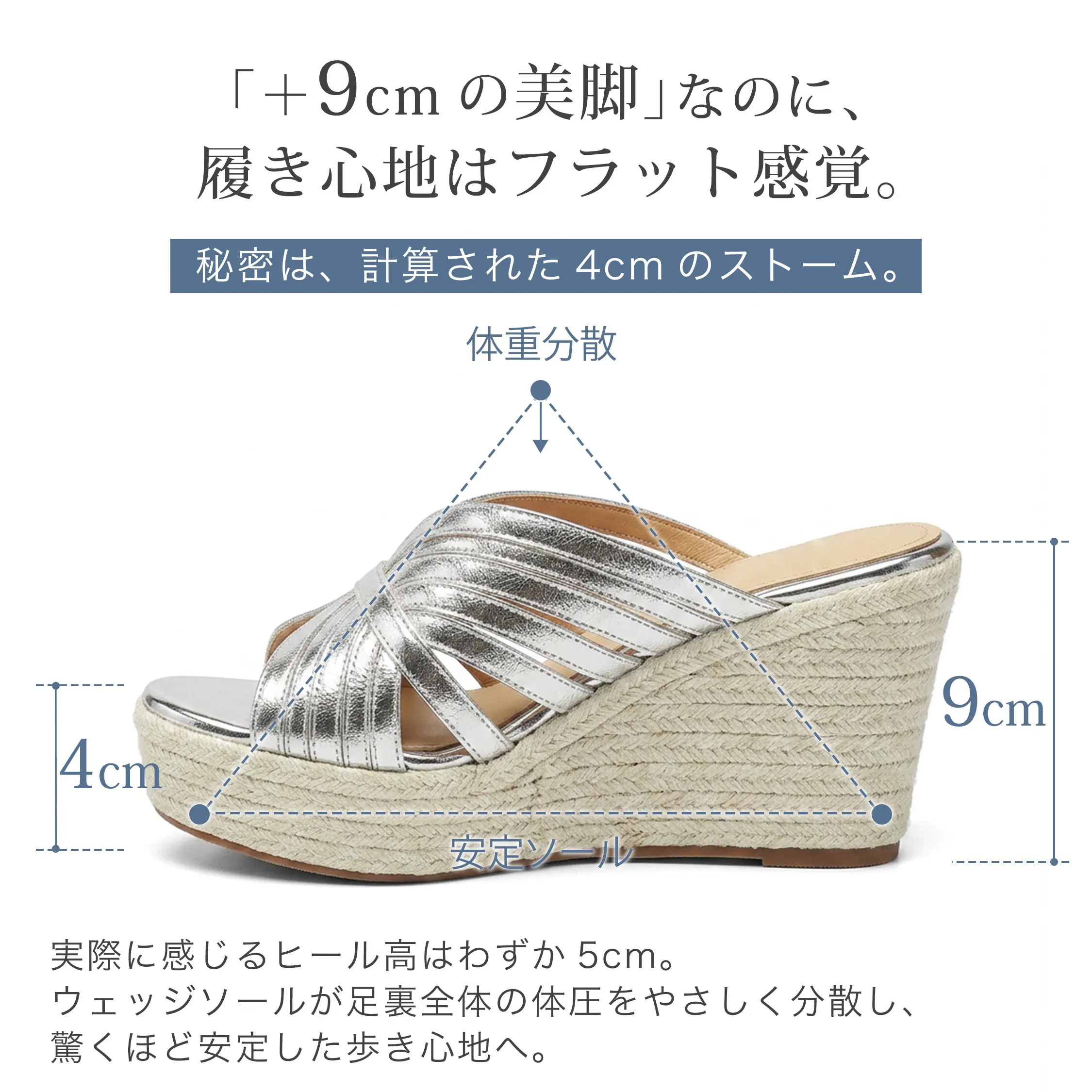 本革レディースサンダル 9cmヒール 4cmストームで安定感のある厚底ウェッジソール シルバー