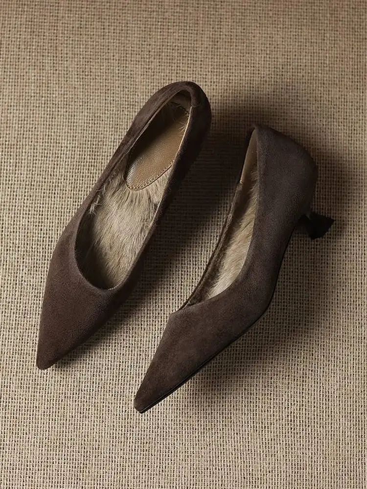 KENPOGEN ポインテッドトゥパンプス 羊革 4.5cmUP スエード調 内ボア 痛くない 歩きやすい 通勤