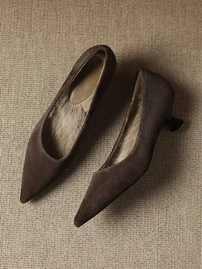 KENPOGEN ポインテッドトゥパンプス 羊革 4.5cmUP スエード調 内ボア 痛くない 歩きやすい 通勤