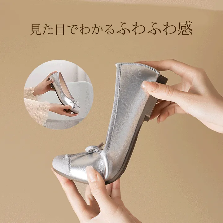 KENPOGEN バレエシューズ スクエアトゥパンプス 幅広4E リボン 脱ぎ履きしやすい