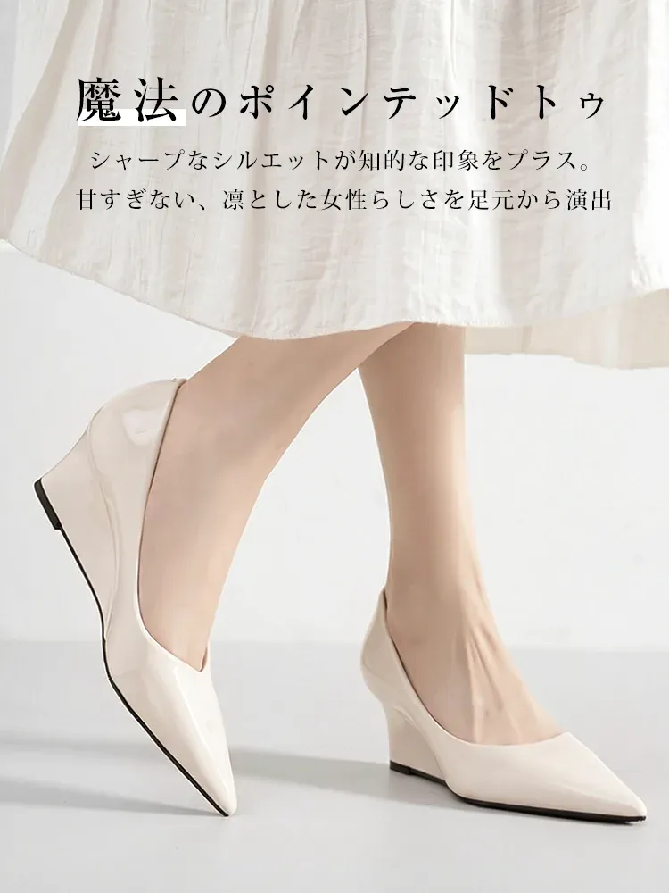 【通勤・立ち仕事に】 KENPOGEN 疲れない ウェッジソール パンプス 黒 エナメル 5.5cm 痛くない ポインテッドトゥ 仕事 オフィス ビジネス 事務