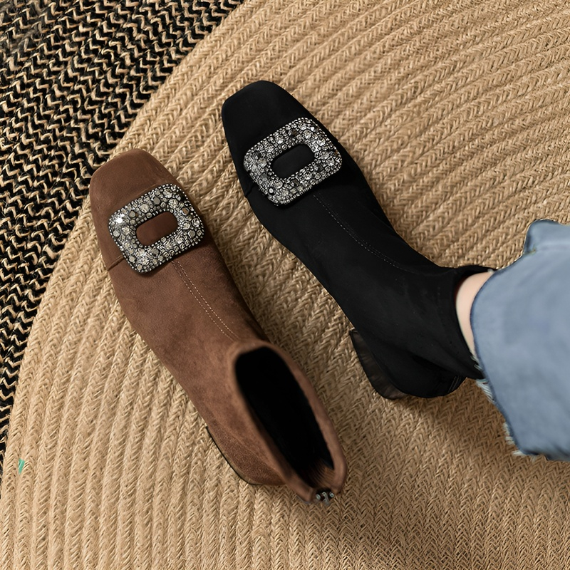 スクエアビジュー スエード調 裏起毛ショートブーツ