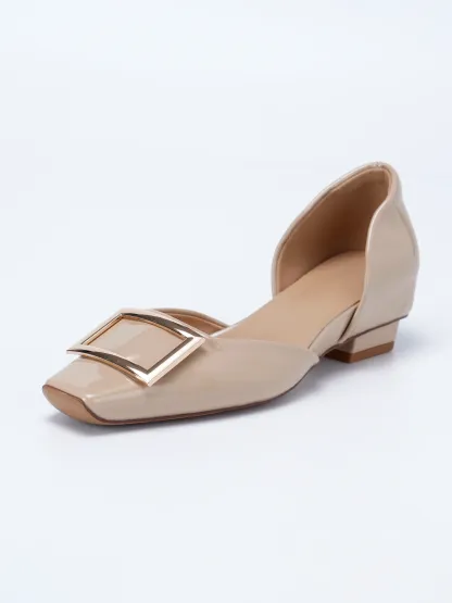 【上品なツヤ感で高見え】KENPOGEN バックルパンプス サイドオープン スクエアトゥ 5cmUP エナメル インヒール 痛くない 春夏 通勤 結婚式