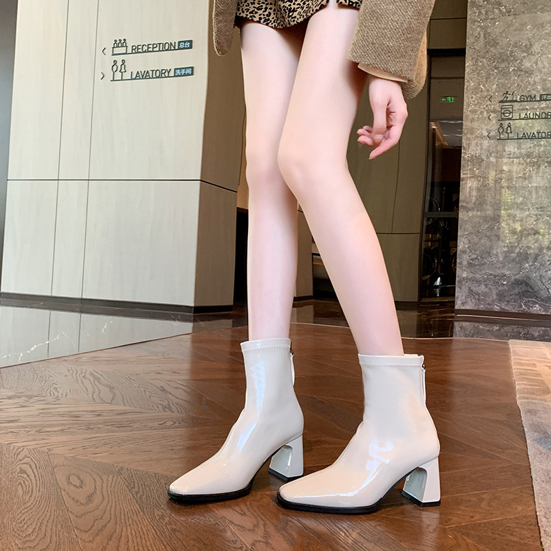 JL-KEN ワイドスクエアヘッド 厚ヒール マーティンブーツ 光沢のある伸縮性のあるスキニーブーツ