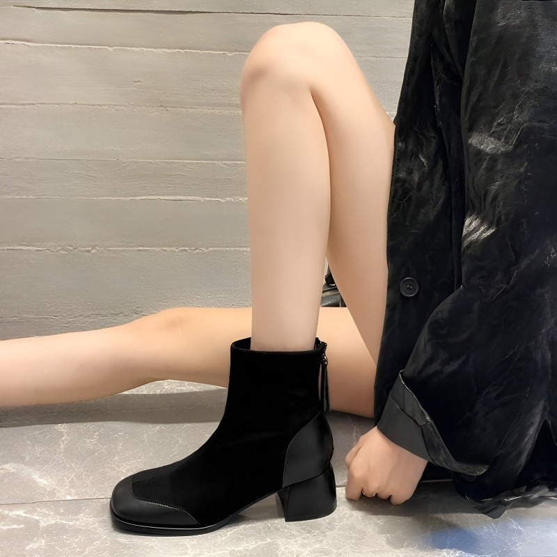 異素材MIX チャンキーヒール美脚ショートブーツ