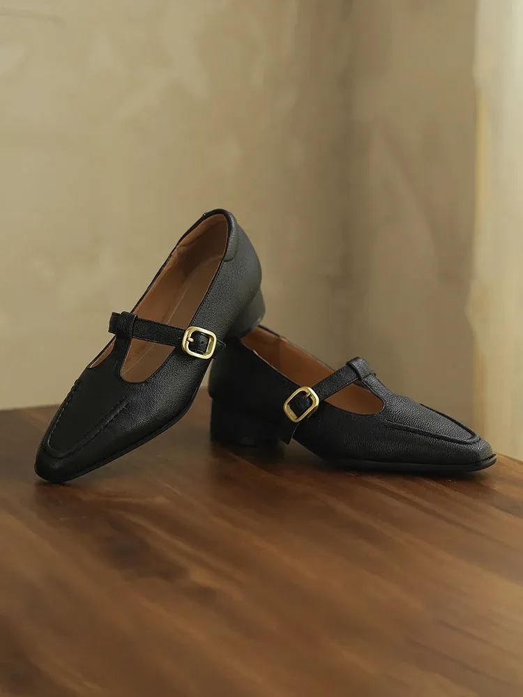 KENPOGEN 羊革 Tストラップシューズ スクエアトゥ 3cmUP  ハンドメイド 疲れにくい