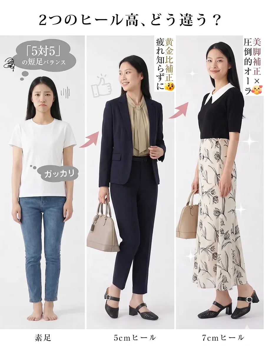 5cmヒールと7cmヒールによる美脚・スタイルアップ効果の比較画像。素足の状態に比べ、ヒールを履くことで全身のバランスが整い、脚が長く美しく見える様子を分かりやすく表現。