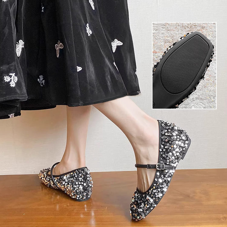 KENPOGEN スパンコール メリージェーン靴 インヒール 4cmUP スクエアトゥ キラキラ トレンド感 歩きやすい