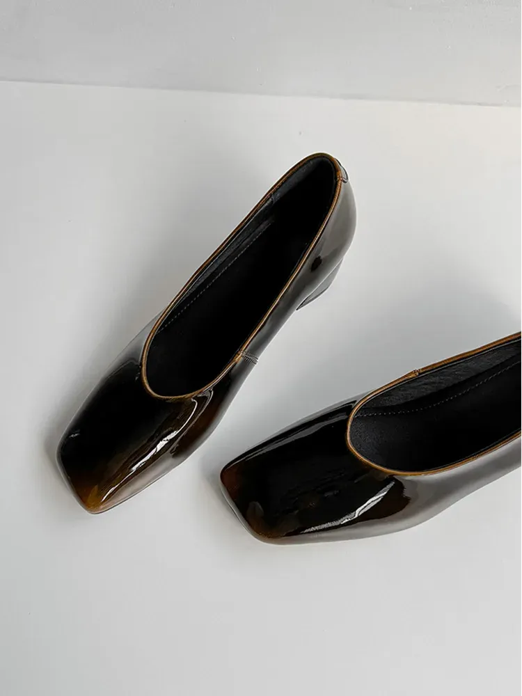 KENPOGEN グラデーションパンプス 羊革パンプス 5cmUP エナメル スクエアトゥ チャンキーヒール 通勤