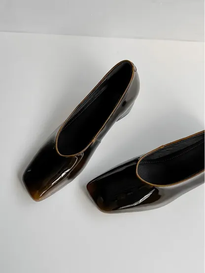 KENPOGEN グラデーションパンプス 羊革パンプス 5cmUP エナメル スクエアトゥ チャンキーヒール 通勤