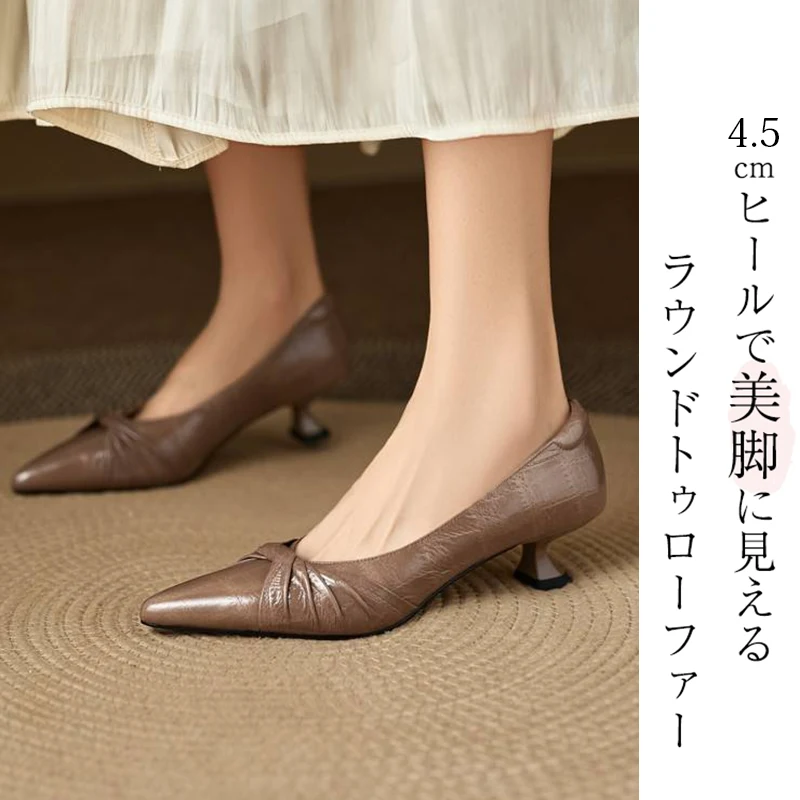 KENPOGEN 牛革パンプス ポインテッドトゥシューズ 4.5cmUP リボン 手作り 疲れにくい 通勤