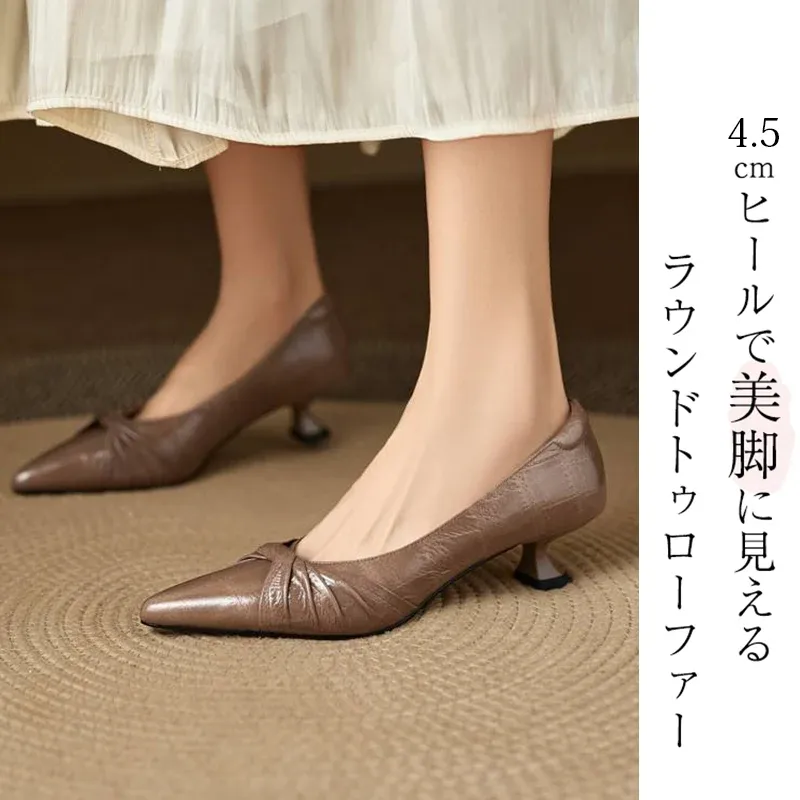 KENPOGEN 牛革パンプス ポインテッドトゥシューズ 4.5cmUP リボン 手作り 疲れにくい 通勤