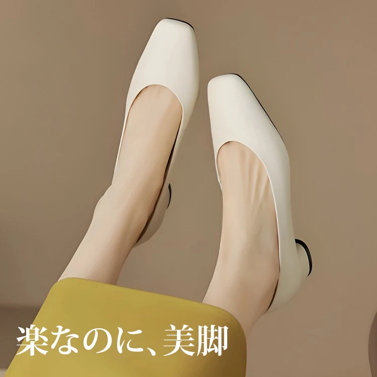 KENPOGEN スクエアトゥパンプス 牛革 手作り 3.5cmUP チャンキーヒール 歩きやすい 通勤 オフィス