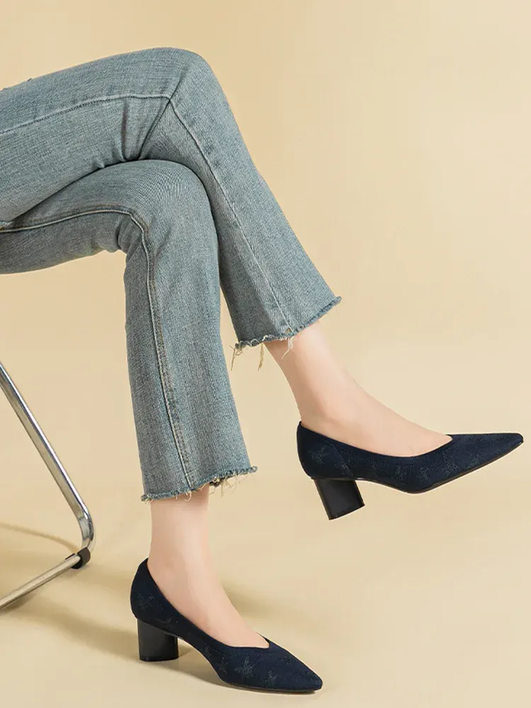 KENPOGEN ポインテッドトゥパンプス ニット素材 5cmUP チャンキーヒール 星柄 痛くない フォーマル