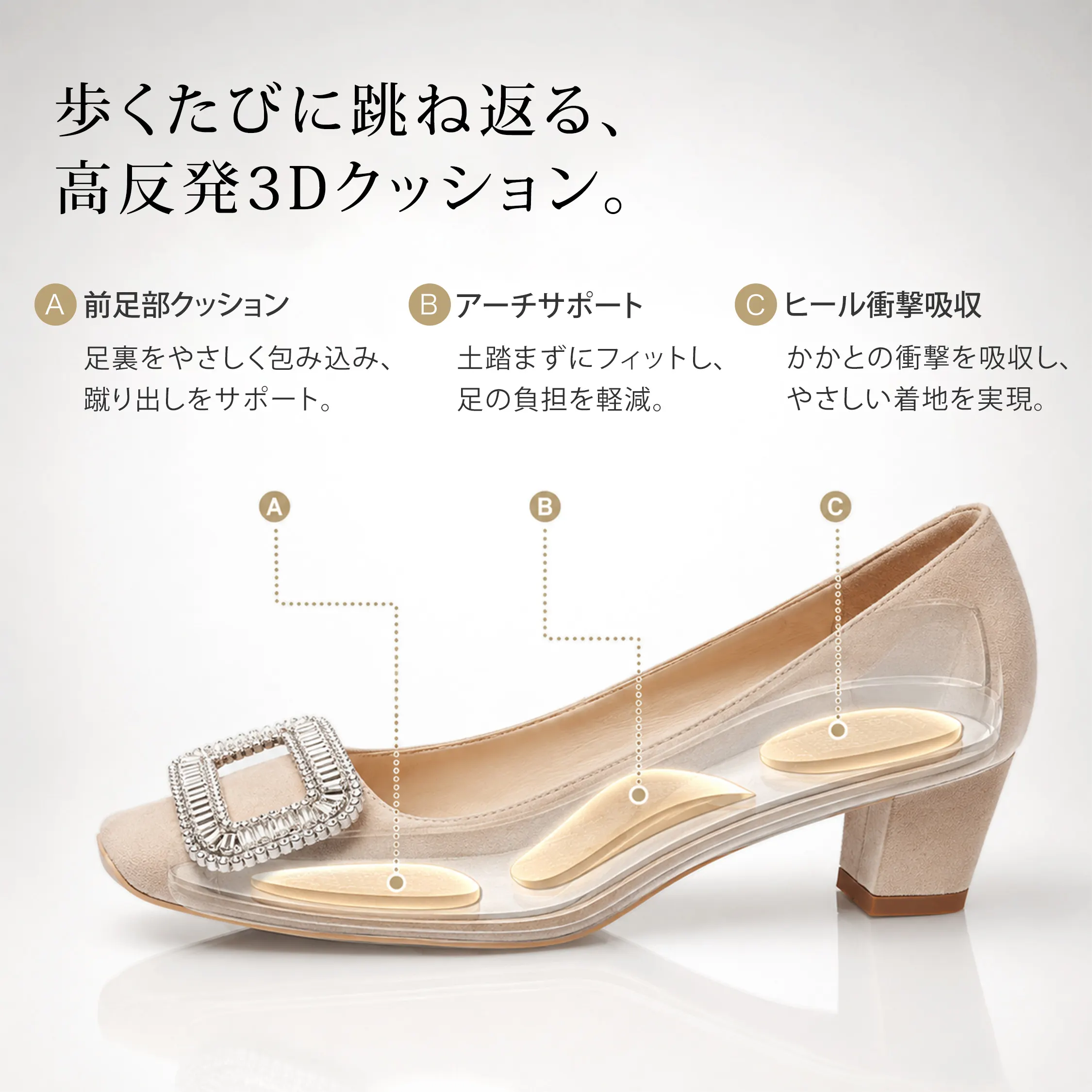 高反発3Dクッション搭載 レディースパンプス 本革 ビジューバックル 5cmヒール 歩きやすい 通勤パンプス