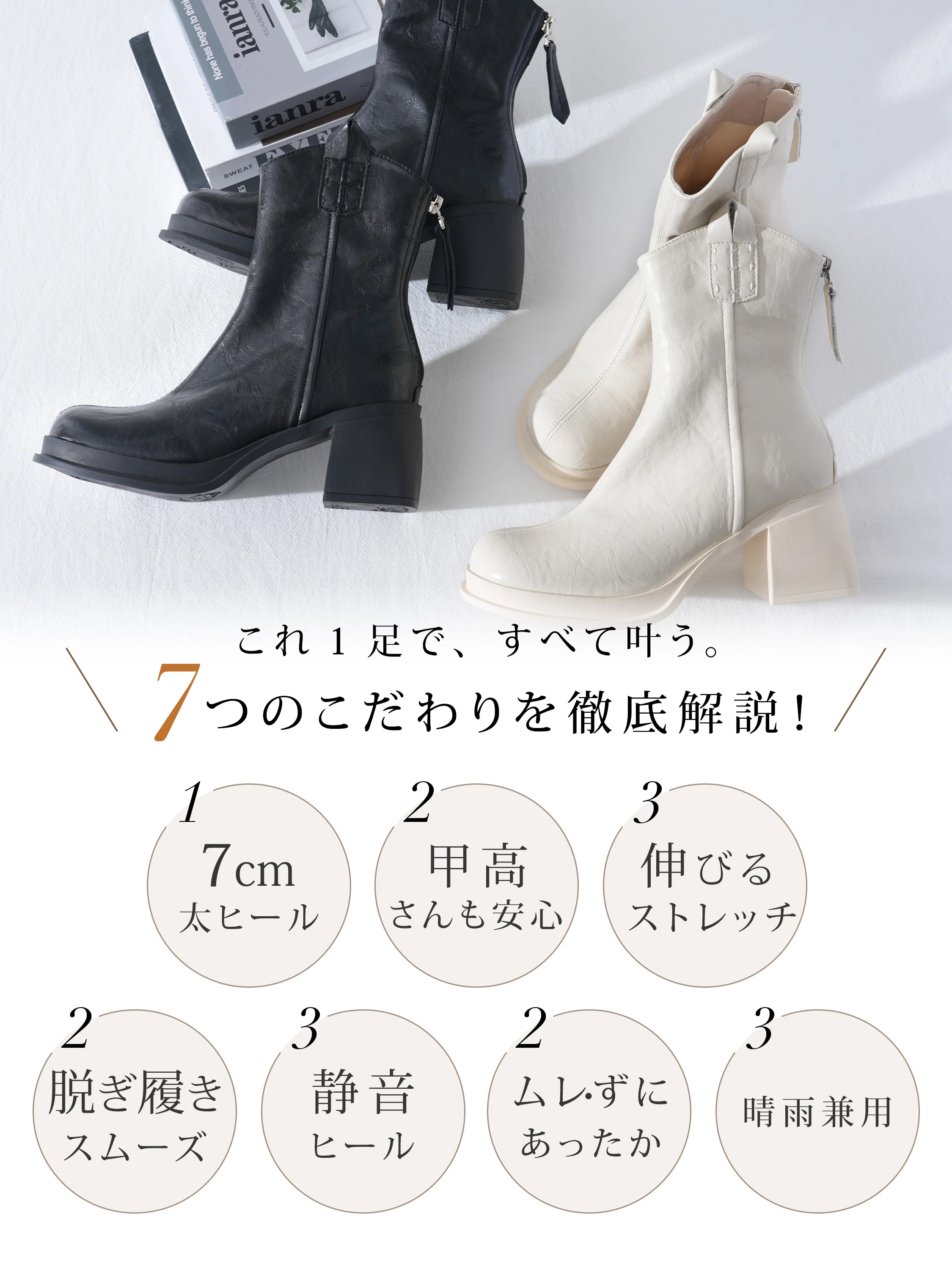 ストレッチショートブーツ。7cm厚底とセンターシーム、通勤にも合わせやすい佇まいを伝える歩行時の足元。ブーツ レディース 歩きやすいを探す方のデニムでつくる大人カジュアルに