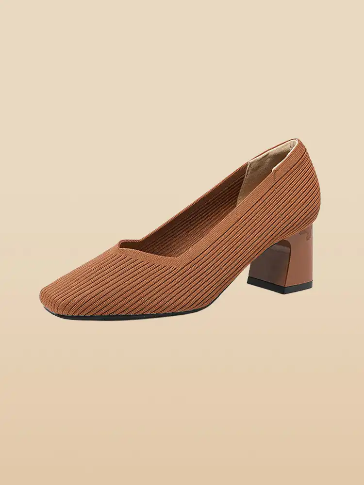 KENPOGEN ニットパンプス スクエアトゥシューズ 6cmUP チャンキーヒール Vカット 柔らかい 通勤