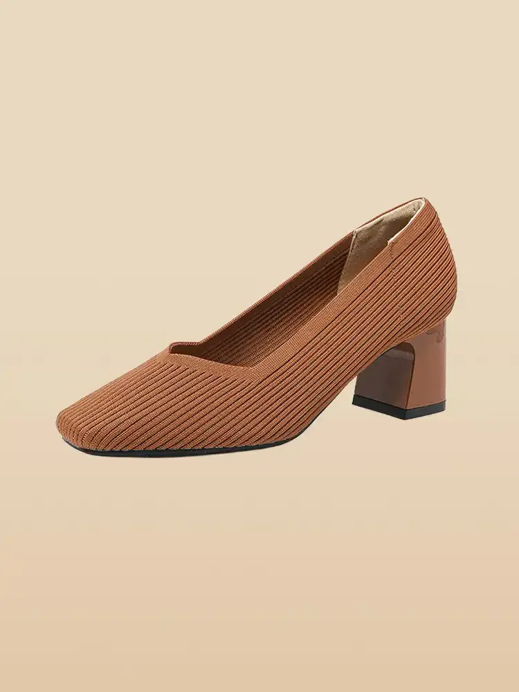 KENPOGEN ニットパンプス スクエアトゥシューズ 6cmUP チャンキーヒール Vカット 柔らかい 通勤