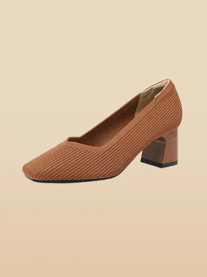 KENPOGEN ニットパンプス スクエアトゥシューズ 6cmUP チャンキーヒール Vカット 柔らかい 通勤