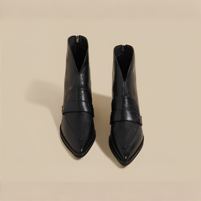 レトロ調 Vカット チャンキーヒールショートブーツ