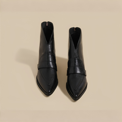 レトロ調 Vカット チャンキーヒールショートブーツ