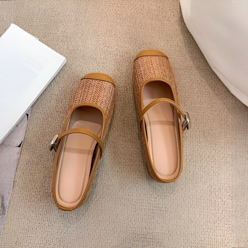 小さいサイズ インヒールミュール 4cmUP ストラップ 編み込み 柔らか カジュアル ブラウン			 				 				