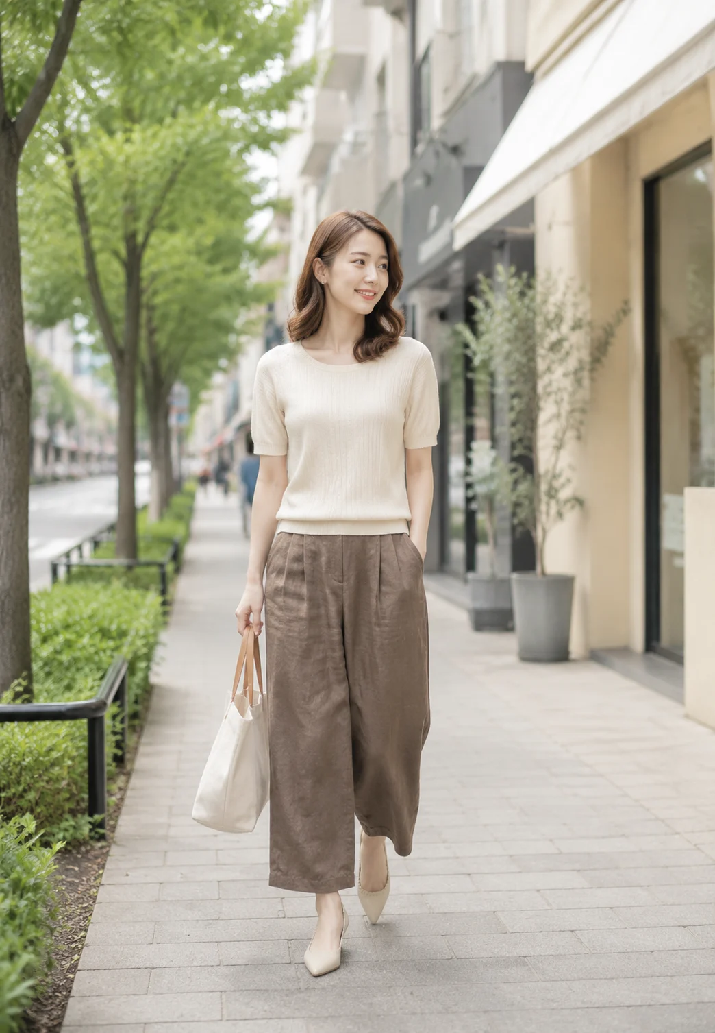 アイボリーの本革パンプス 街歩きコーデ