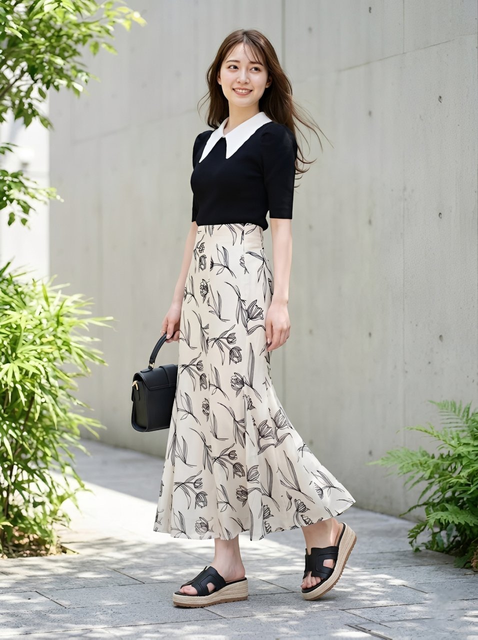 黒の厚底ミュールサンダルを着用した30代女性の夏のオフィス・きれいめカジュアルコーデ。花柄スカートに合わせた上品な足元は、通勤から休日まで活躍